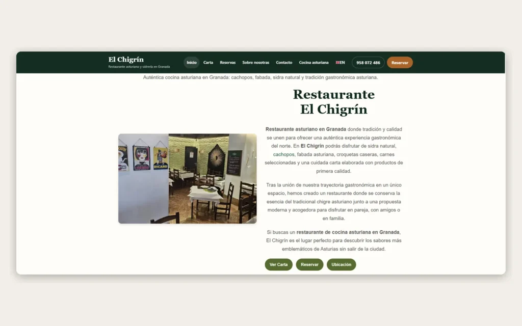 Página de inicio del Restaurante El Chigrín