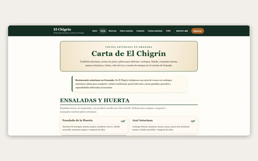 Carta digital del Restaurante El Chigrín en Granada